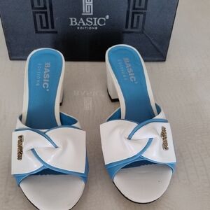 Basic Editions Women's Blue and White Bow Heeled Sandals Sz 8